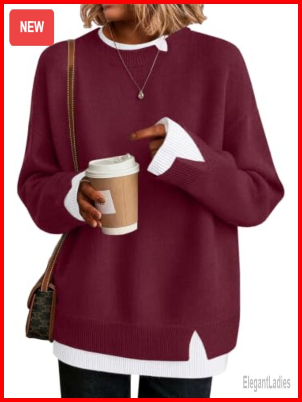 Womens Oversized Layered Look Pullover Sweater Crew Neck Teacher Outfit